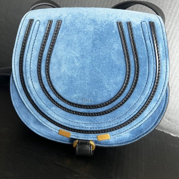 Brand New With Tags Chloe Marcie Cross Body Saddle Blue Suede Bag - Picture 3 of 13